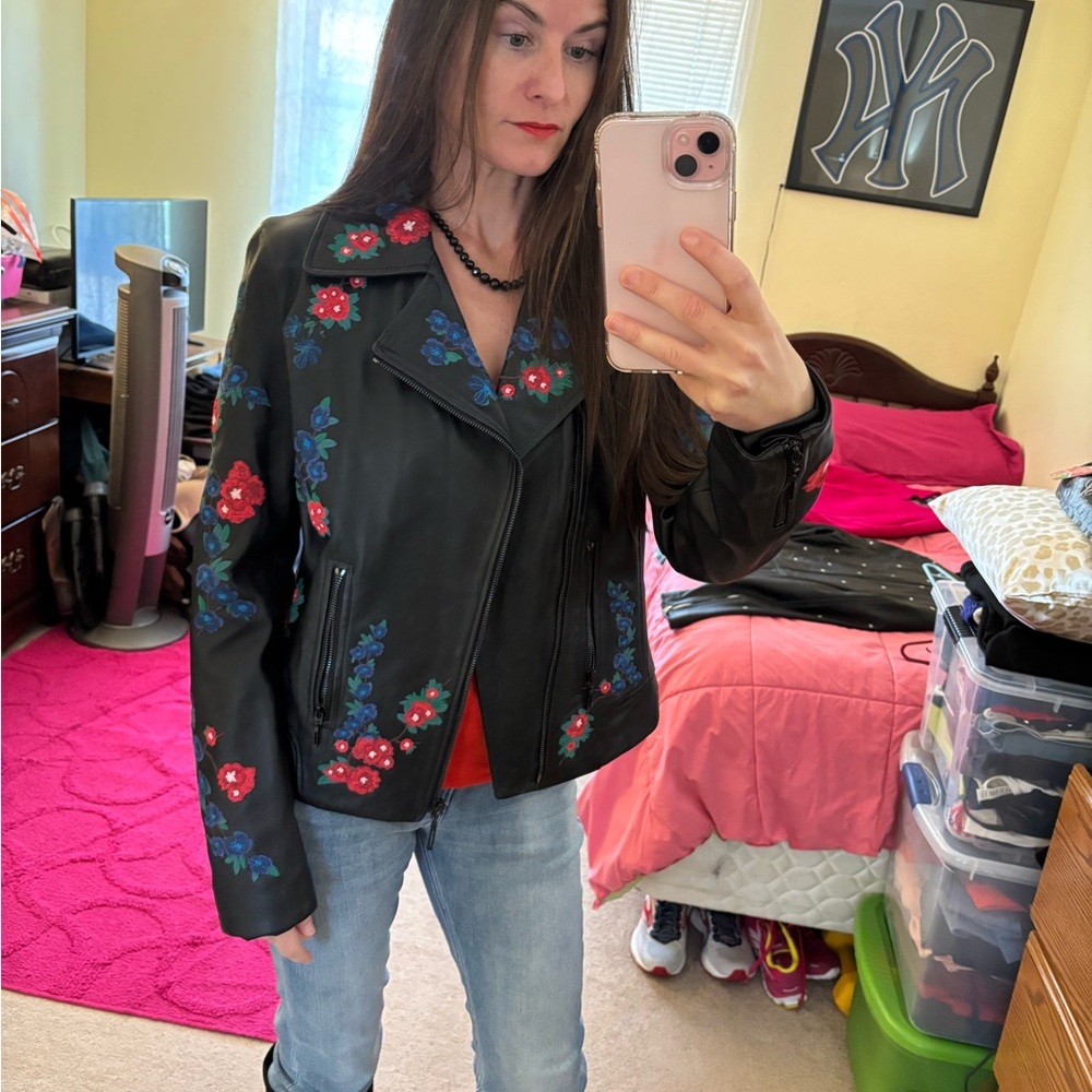 Elie Tahari Mae Embroidery Lambskin Moto Jacket-small - Picture 11 of 15